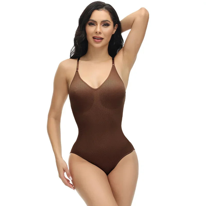 Compression Bodysuit V-neck Slim Straps Ultra-thin Open Back