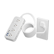 Ổ cắm điện trắng có 6 ổ, 3 cổng USB, dây dài cuộn tròn, phích cắm gắn tường.