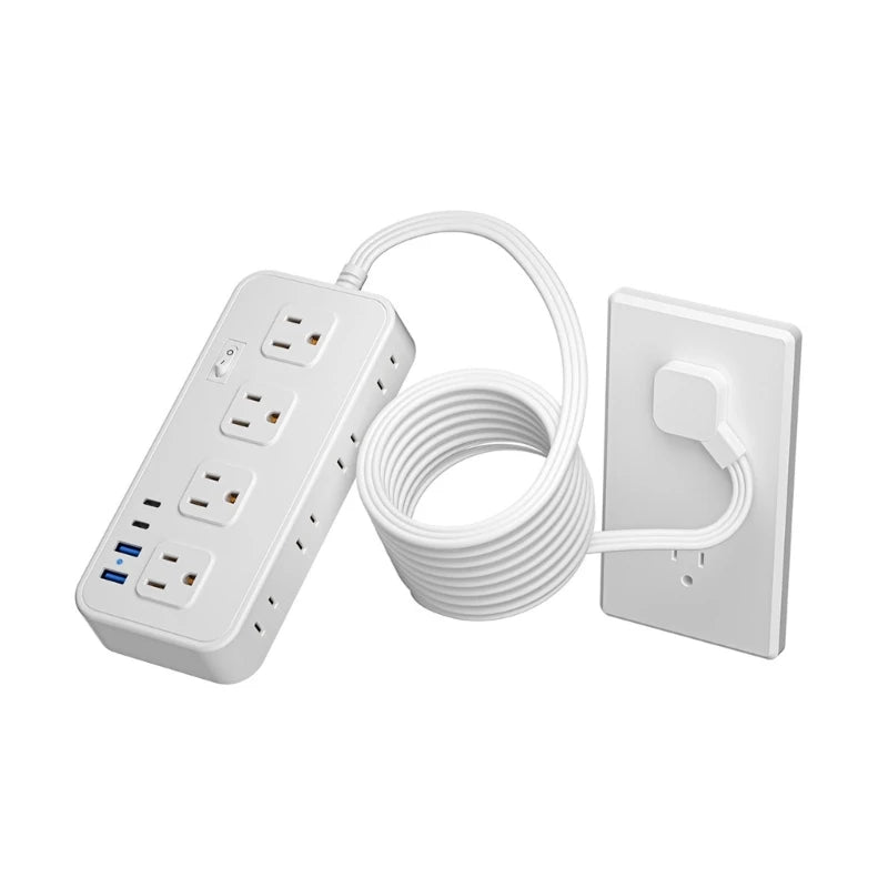 Ổ cắm điện trắng có 6 ổ, 3 cổng USB, dây dài cuộn tròn, phích cắm gắn tường.