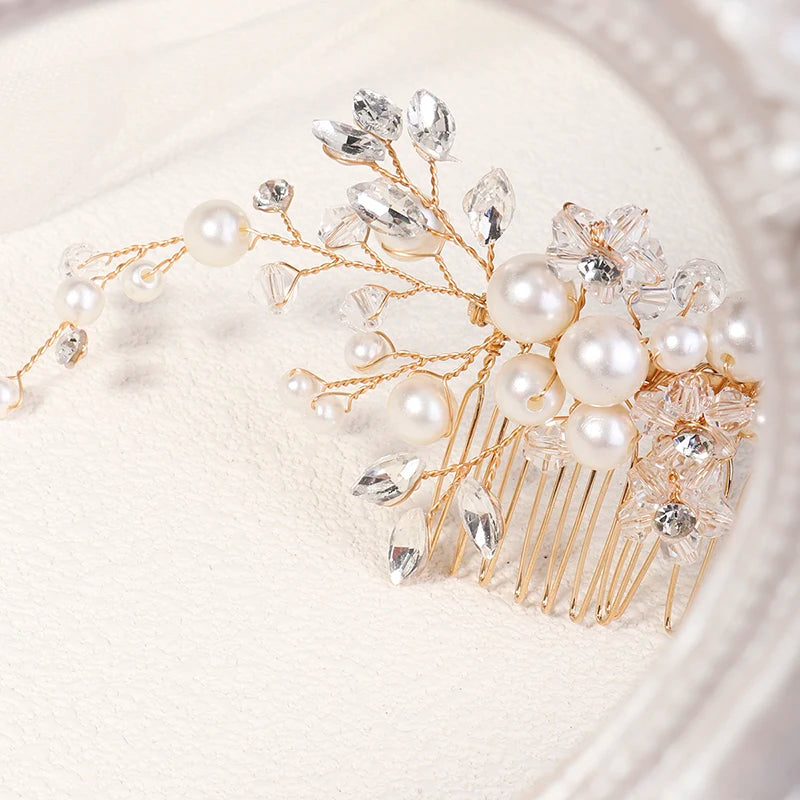 Luxurious Silver Gold Pearl Wedding Hair Comb with Rhinestones