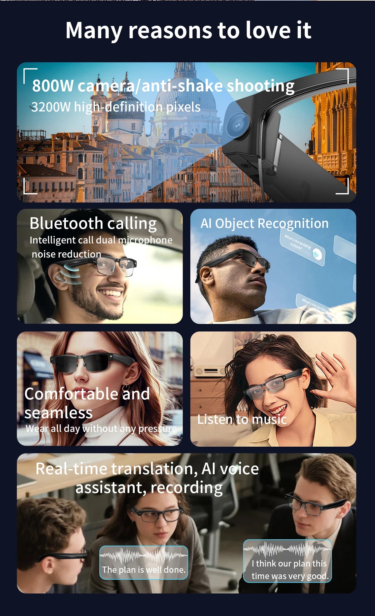Sunglasses Smart Glasses 8 Million Pixels Recording Videos AI Photo Recognition Answer Translation 270mAh Bluetooth Glasses New