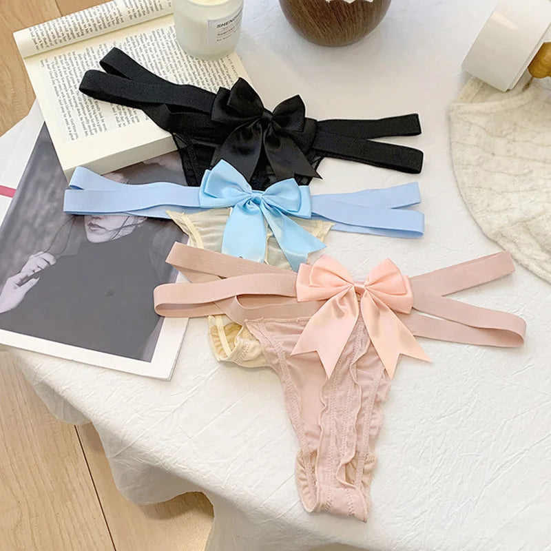Lace Sexy Girls Briefs Women Panties Seamless Bowknot G String Thong Underwear Low Waist Female Adjustable Lingerie