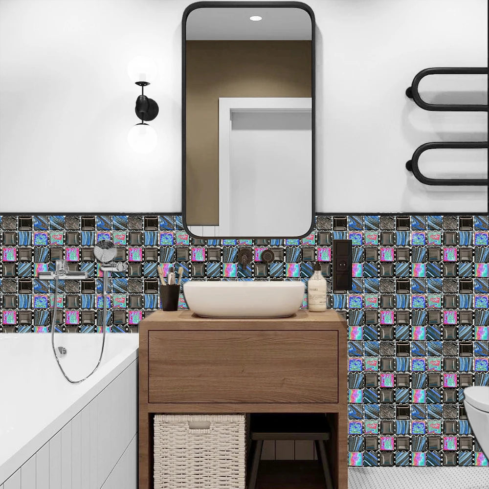 10pcs Flat Mosaic Style Tiles Sticker Kitchen Bathroom Waterproof &amp; Oilproof Art Wall Sticker Peel &amp; Stick Surface Glossy Film