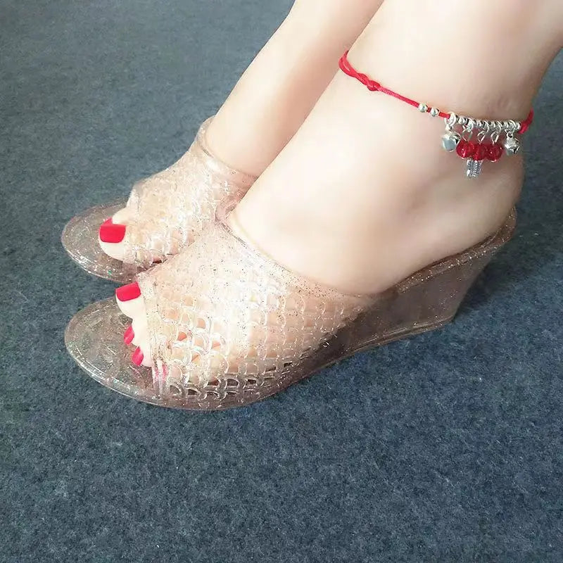 Summer Women's Causal One Word Slippers Soft Bottom Non Slip Slope Heeled Transparent Crystal Home Slippers Bathroom Slippers