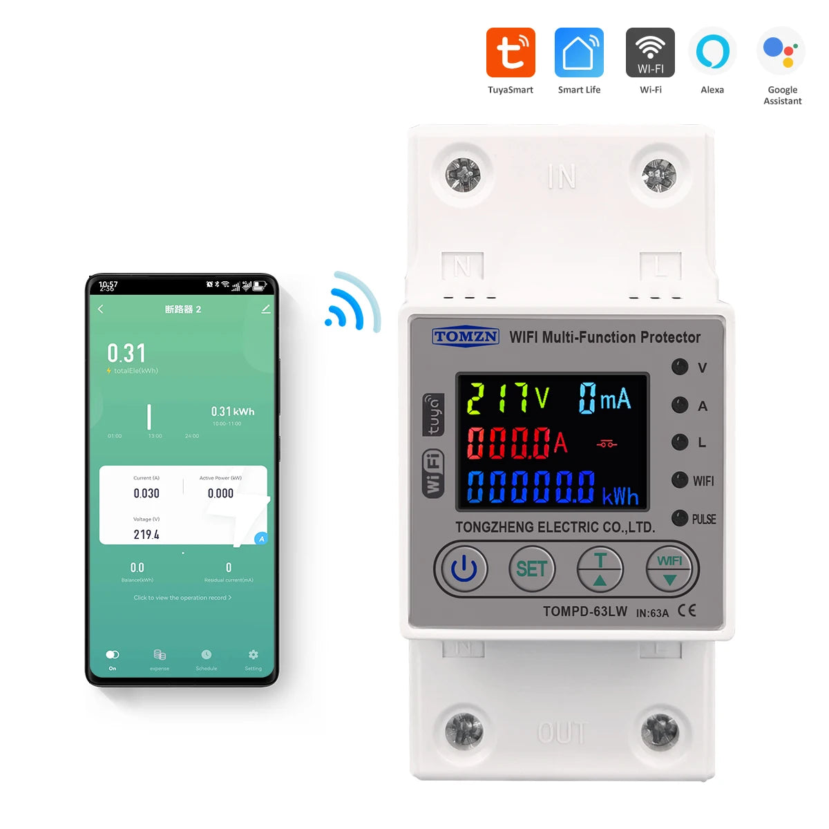 TOMZN 63A WIFI Smart Switch TUYA Energy Meter Kwh Metering Circuit Breaker Timer with voltage current and leakage protection
