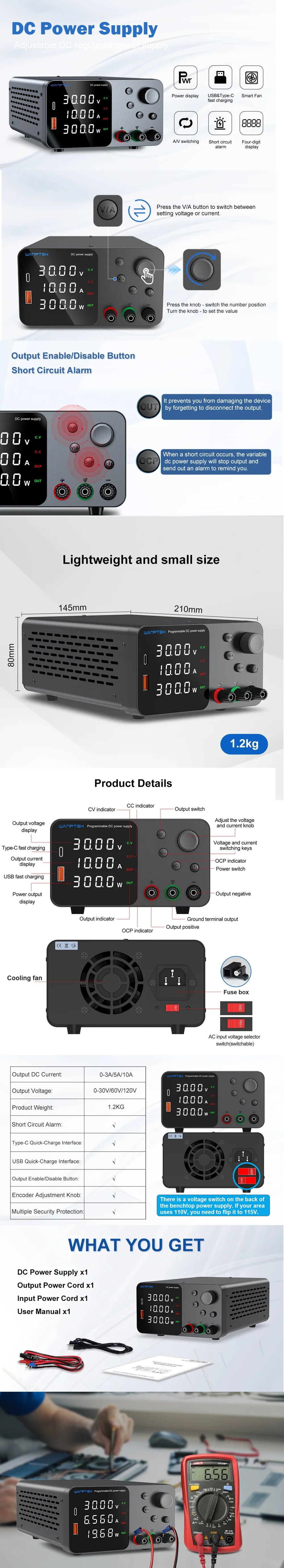 Wanptek DC Power Supply 30V 10A 5A Variable Bench Power Supply Adjustable Lab Power Supply 60V 5A 120V 3A Voltage Regulator