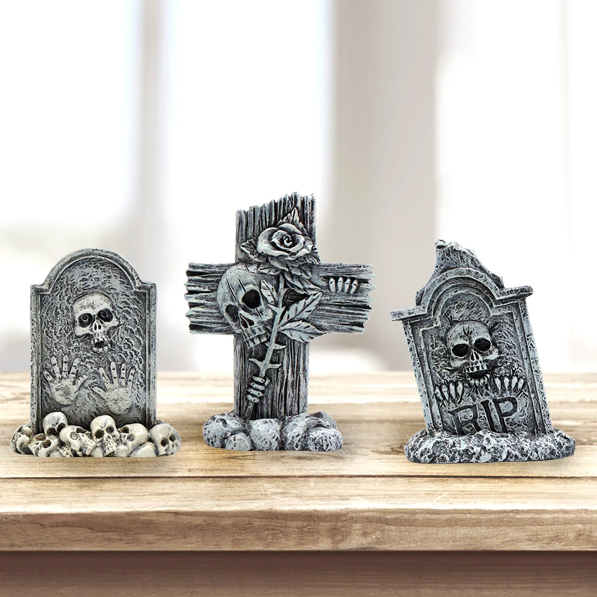 3-piece set of tombstone resin crafts, terrifying decorative statues in courtyard gardens, Halloween decorative statues, bonsai