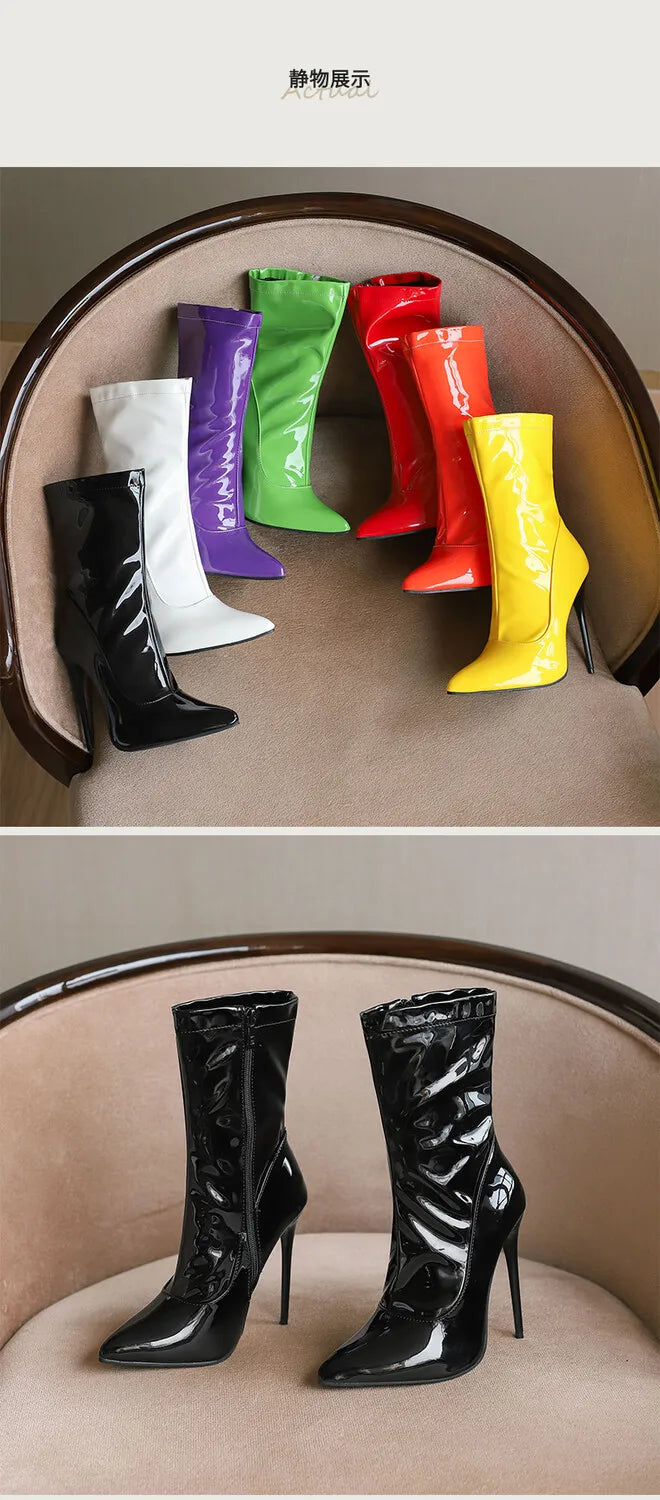 Women's Pointed Toe, Short Cut, Elegant Pointed Heel Patent Leather Boots