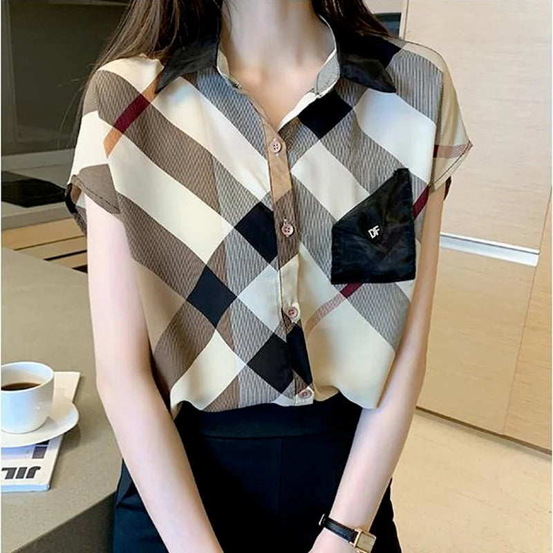 Office Wear Short Sleeve Chiffon Casual Pretty and Cheap Women's Blouses Korean Plaid Youth Woman Buttoned Shirts Trends Top Hot - Daisan Mart