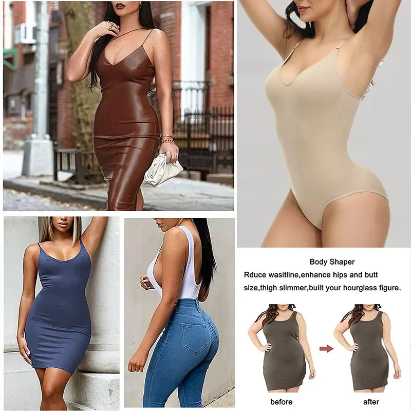 Compression Bodysuit V-neck Slim Straps Ultra-thin Open Back