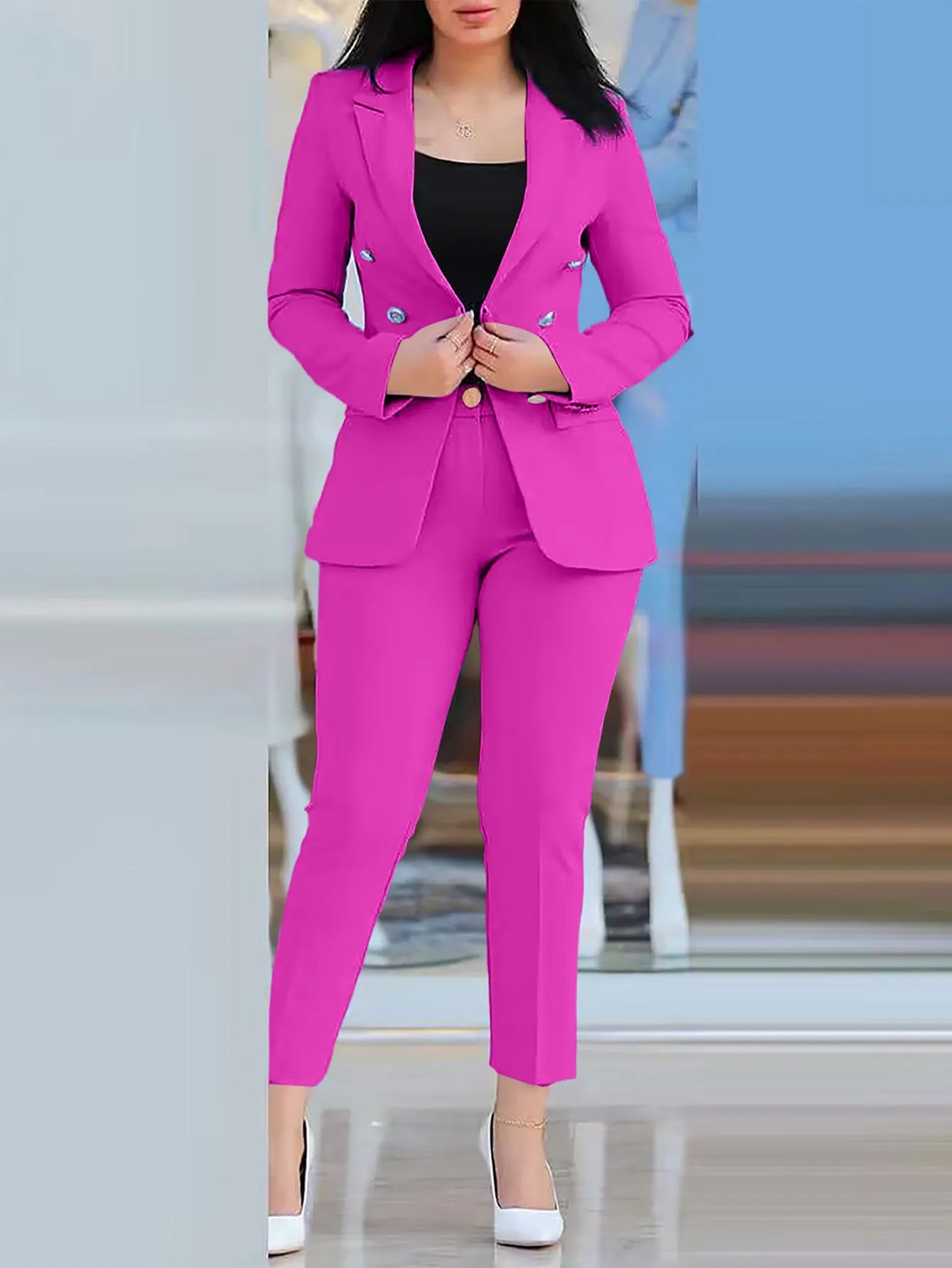 Office Lady Elegant Solid Two Piece Sets New Autumn Winter Women Fashion Lapel Long Sleeve Blazer & High Waist Work Pants Suit - Daisan Mart