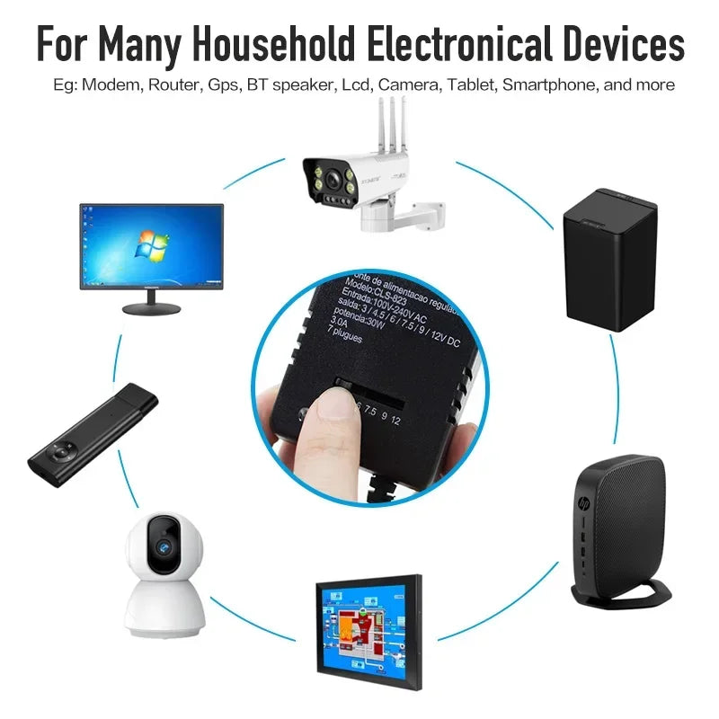 AC/DC 220V-12V Multi-function Power Supply, 7 DC Female Plugs