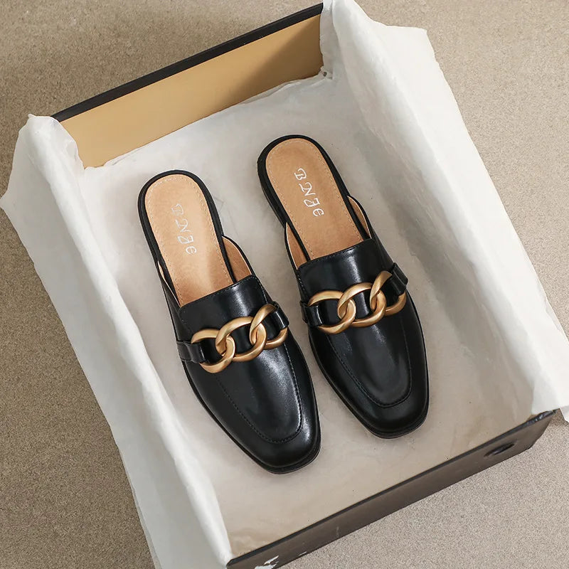 Women's Fashion Mules - Square Toe Black and White Chain