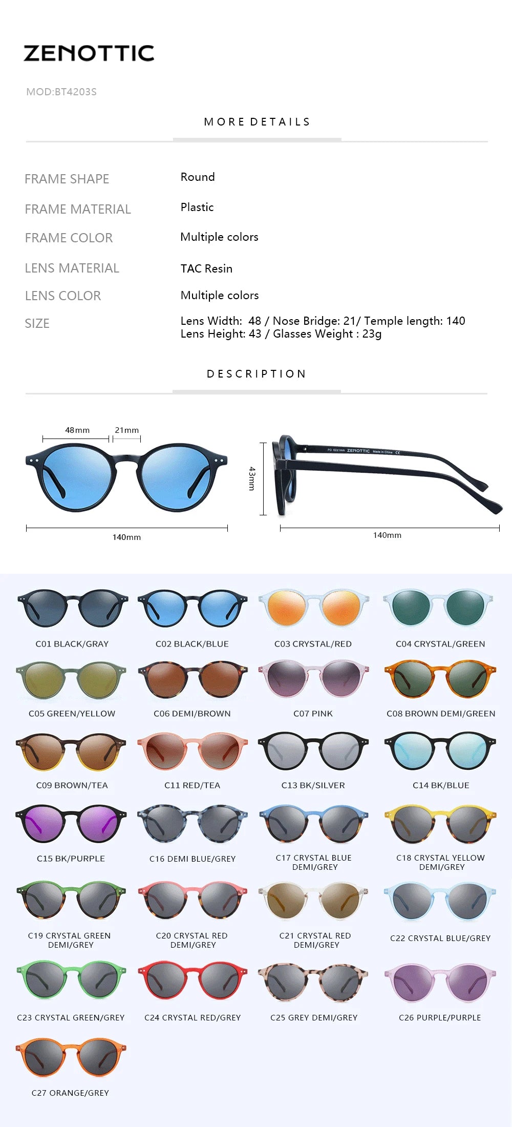 Kính Mát ZENOTTIC Retro Tròn Unisex Chống UV400