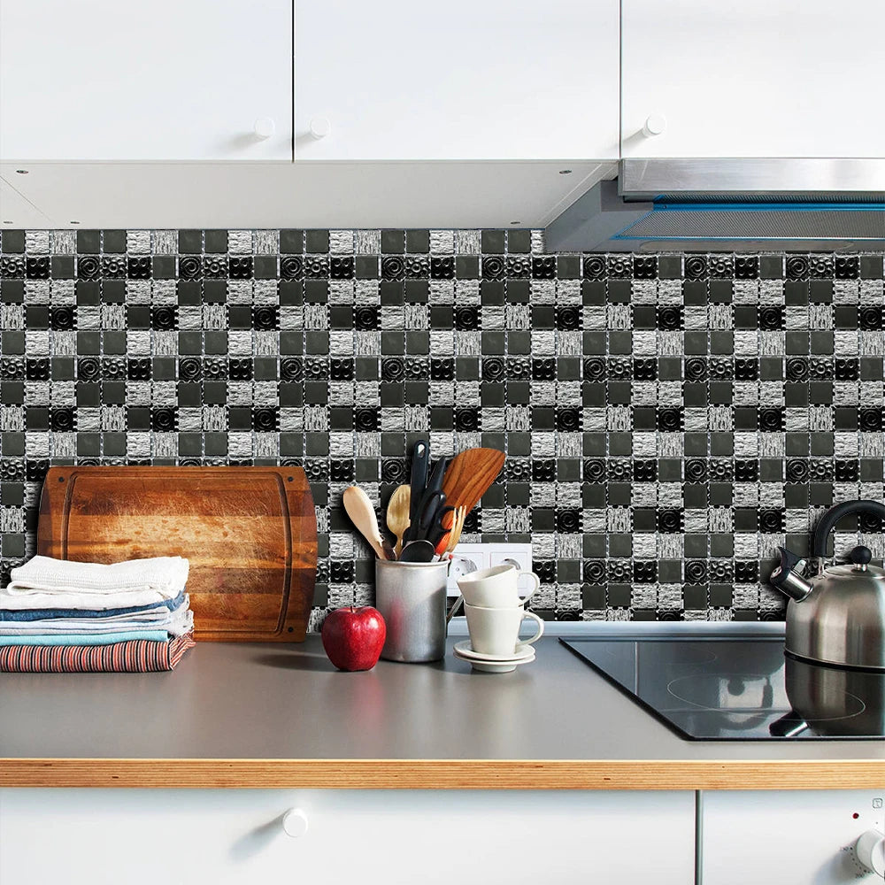 10pcs Flat Mosaic Style Tiles Sticker Kitchen Bathroom Waterproof &amp; Oilproof Art Wall Sticker Peel &amp; Stick Surface Glossy Film
