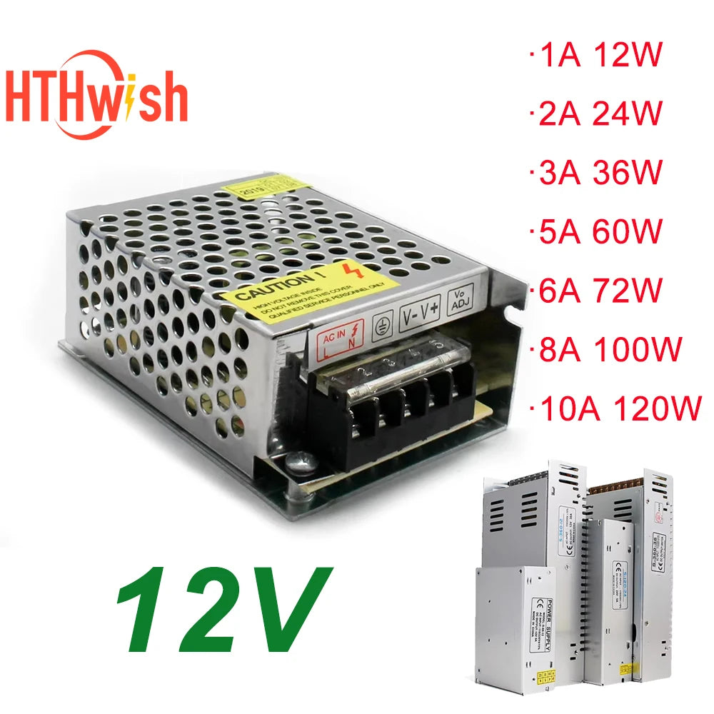 Nguồn điện 12V kim loại lưới, thông số từ 12W đến 120W, logo HTHwish màu đỏ.