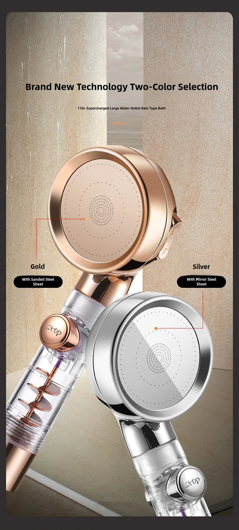 Handheld Turbocharged Pressure Shower Head 3 Modes Propeller Turbo Showerhead for Detachable Rainfall Spray and One-Touch Switch