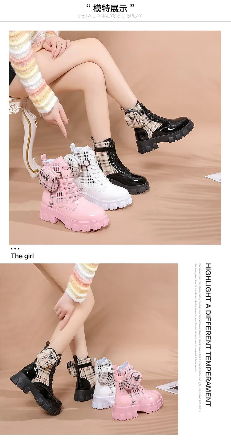 Women's Fashion Short Leather Boots with Thick Soles &amp; Zipper Pocket