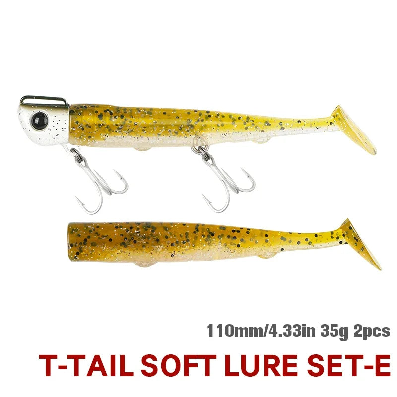 TSURINOYA Sinking Large Baits 110mm/35g Long Casting Jig Head T Tail Soft Lure Set 2pcs Tail Flounder Seabass Fishing Lure