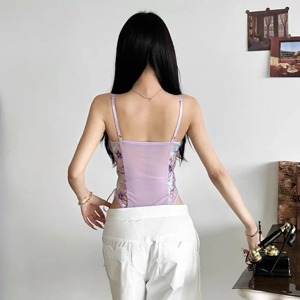 Sexy Butterfly Floral Bodysuit Embroidery See-through Mesh