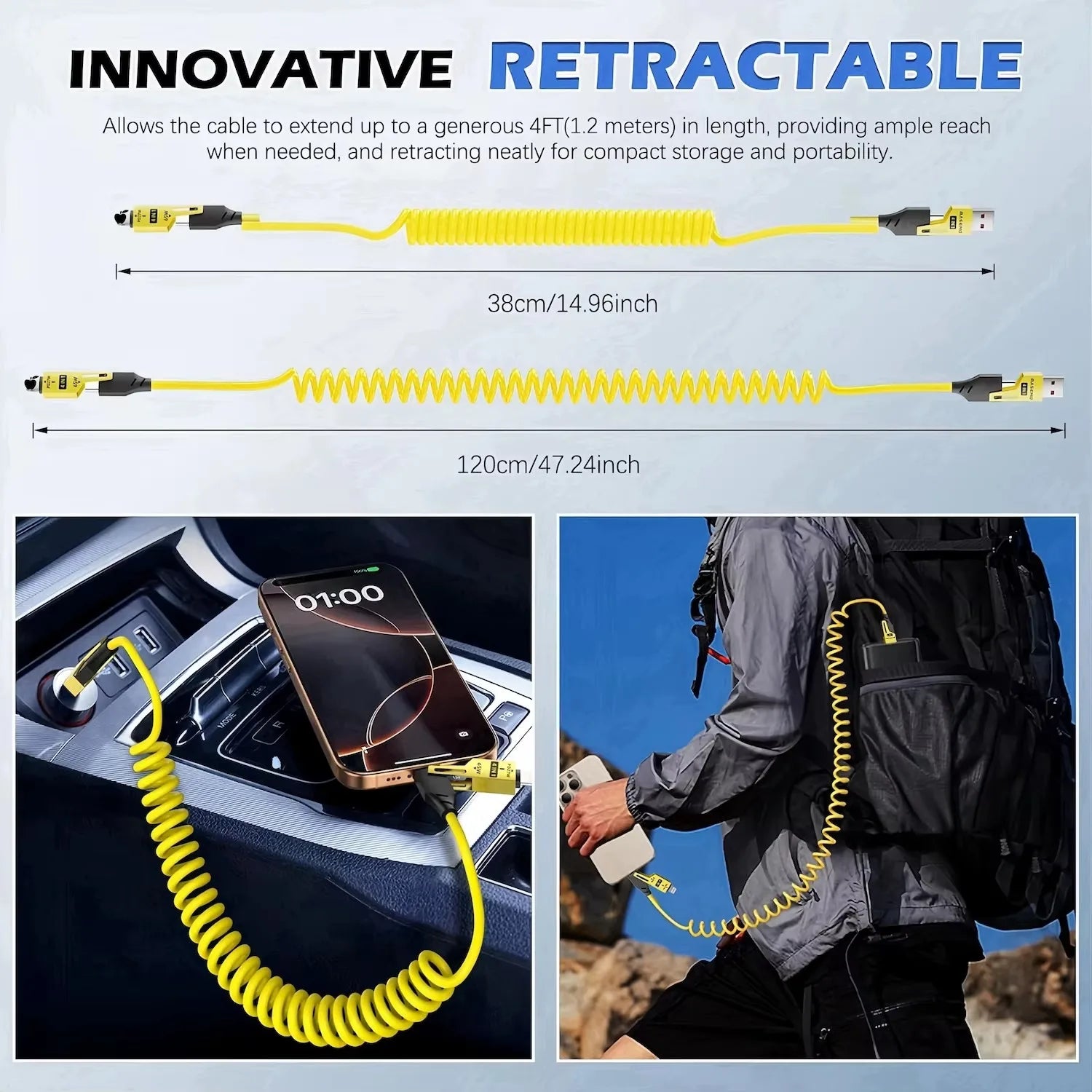 Cáp Sạc Nhanh 4in1 65W Lò Xo Đa Năng Cho Ô Tô