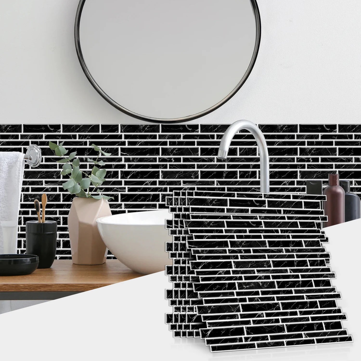 1/12pcs Classic Black And White Tile Marble Room Decoration Kitchen Living Room Waterproof Self-Adhesive Wall Sticker Detachable