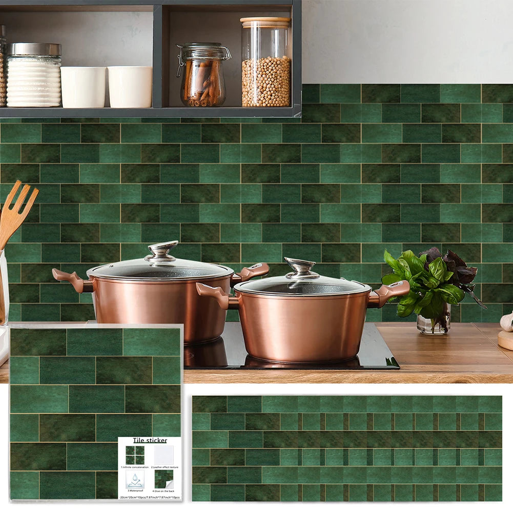 10Pcs Set Retro Dark Green Brick Wall Stickers Mosaic Tile Sticker Bathroom Kitchen Home Wall Background Embellishment