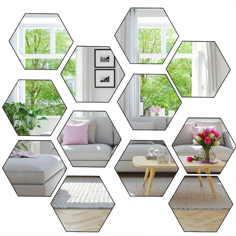 120/6pcs 3D Mirror Wall Sticker Hexagon Acrylic Self Adhesive Mirror Stickers Art Wall Decal Mosaic Tiles DIY Home Bedroom Decor