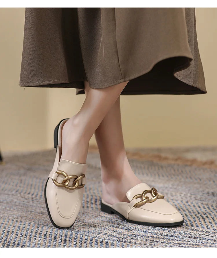 Women's Fashion Mules - Square Toe Black and White Chain