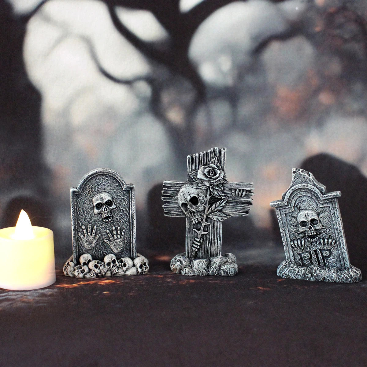 3-piece set of tombstone resin crafts, terrifying decorative statues in courtyard gardens, Halloween decorative statues, bonsai