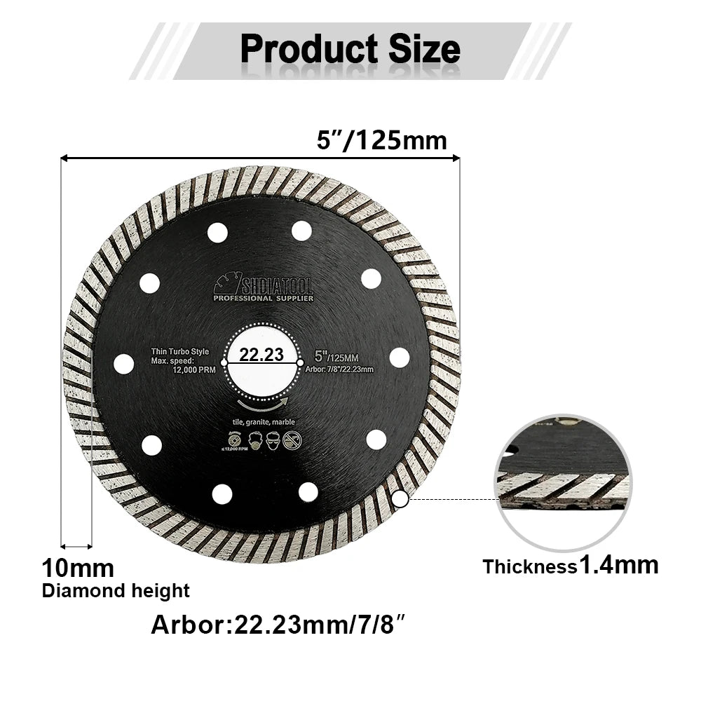 SHDIATOOL 5Pcs Dia125mm Superthin Diamond Turbo Saw Blade Ceramic Tile Marble Granite Cutting Disc 5inch Circular Disc Cutter