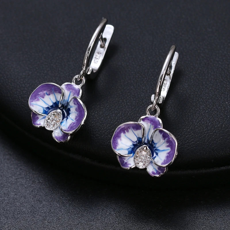 Women's Blue White CZ Zircon Silver Flower Jewelry Set