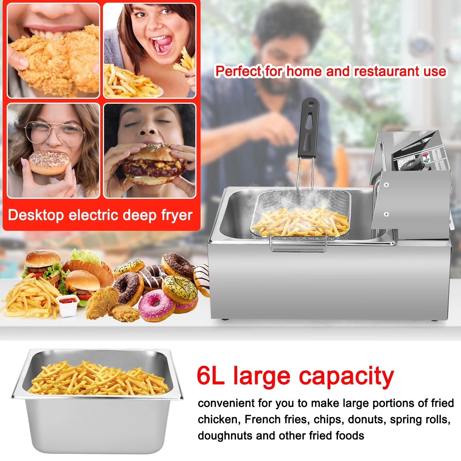 Aoresac 6L Electric Deep Fryer with Removable Oil Filtration Basket 1500W Stainless Steel Automatic Thermostatic Fish Frye