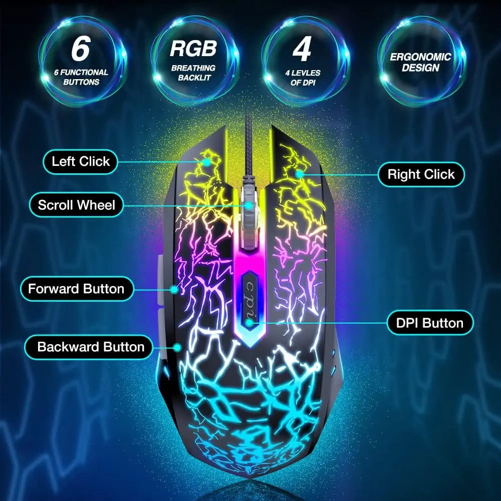 Gaming Wired Mouse Ergonomic Laptop PC Optical Computer Mice with Backlit 6 Buttons DPI Up to 3600 for Windows 7/8/10/XP Vista