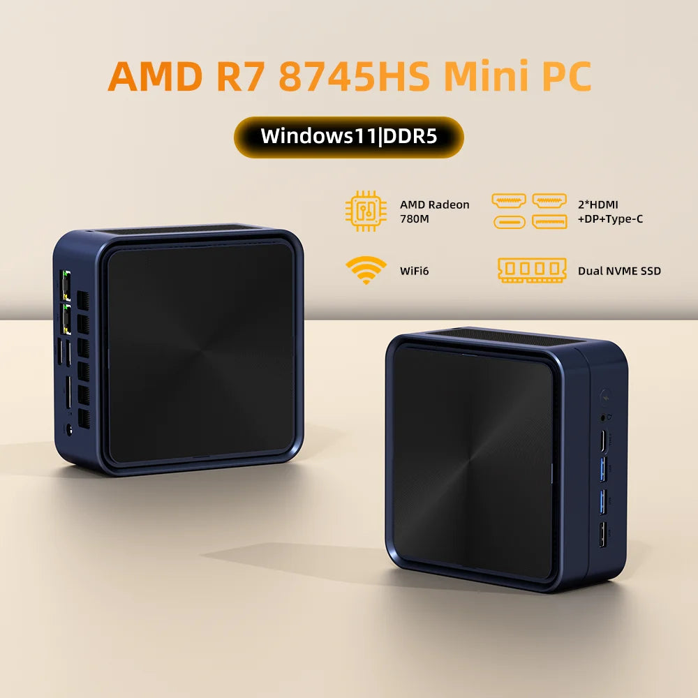 Hai Mini PC màu đen, chữ màu cam "AMD R7 8745HS", nền màu be.