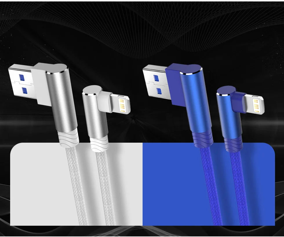 90 Degree Fast Charging Cable For iPhone &amp; iPad 1/2/3m Long