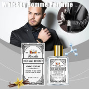 Người đàn ông mặc vest đen, nước hoa Roxelis Rich and Whiskey, ảnh chai và hộp, nền xám.