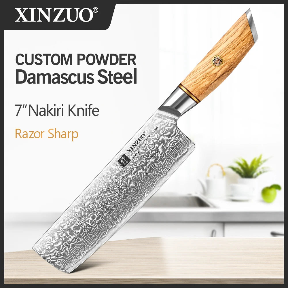 XINZUO 1-8pcs Kitchen Knife Set 73 Layers Custom Damascus Steel 15°±1 Per Side Steel Blade with Olive Wood Handle - Daisan Mart