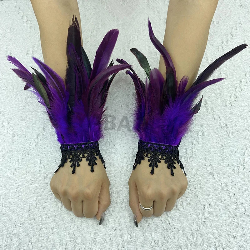 Natural Feather Sleeve Cuffs Gloves Party Cosplay Lace Wrist Cuffs Fur Sleeve Furry Accessories Carnival Stage Show Costume - Daisan Mart