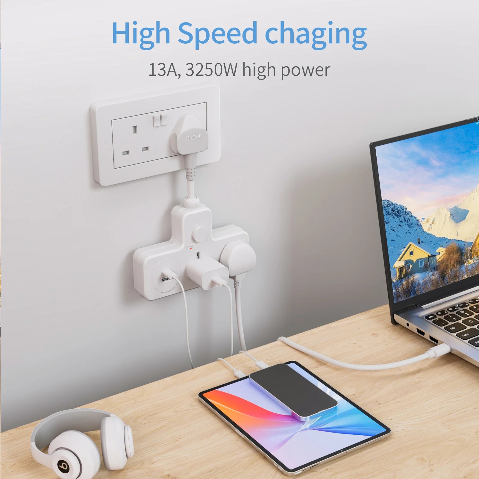 Ổ Cắm Điện Đa Năng UK 13A 3120W Kèm USB Du Lịch Văn Phòng