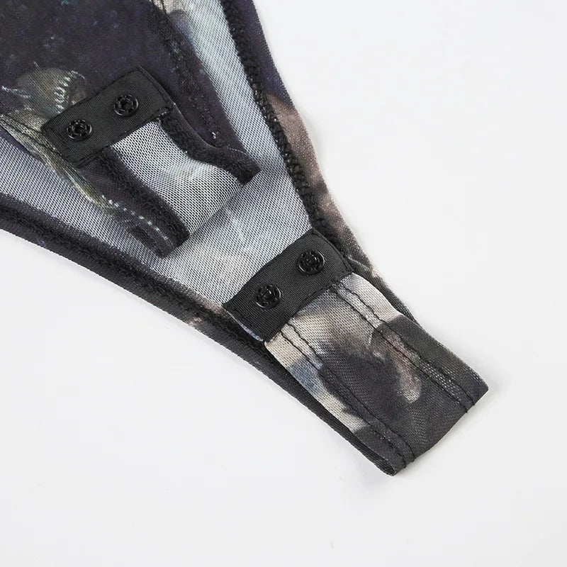 Goth Dark 90s Retro Print Mesh Long Sleeve Skinny Bodysuits Cyber ​​Y2K Sheer Tops Women Gothic Lace Patchwork Bodysuit Streetwear