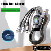 Cáp sạc đa đầu màu đen, hỗ trợ iPhone, Android, Type-C, công suất tối đa 100W.