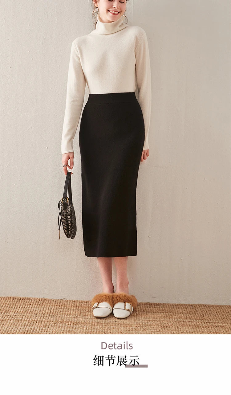 Chân váy len dạ cạp cao dáng ôm thu đông nữ