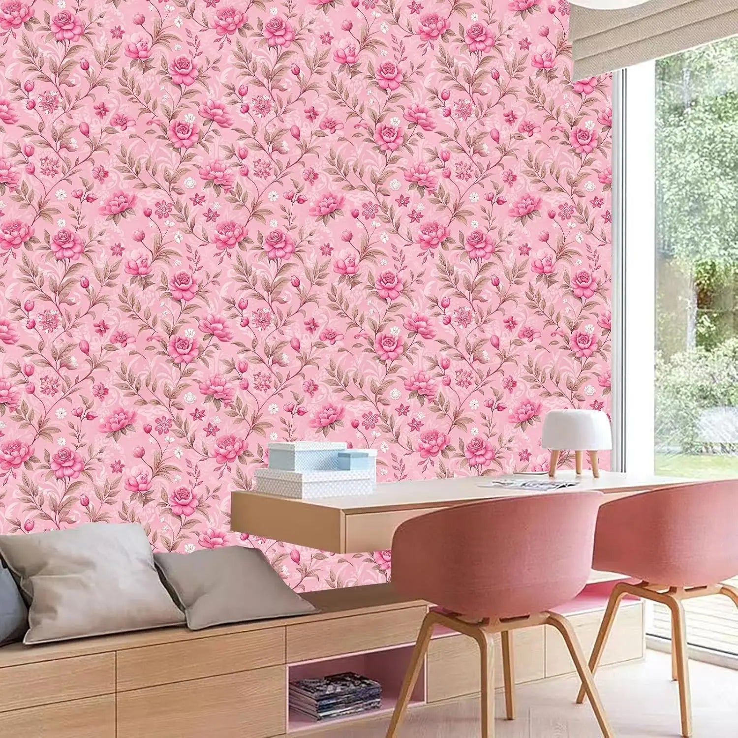 Giấy Dán Tường Hoa Hồng Nhạt Chống Thấm Tự Dính