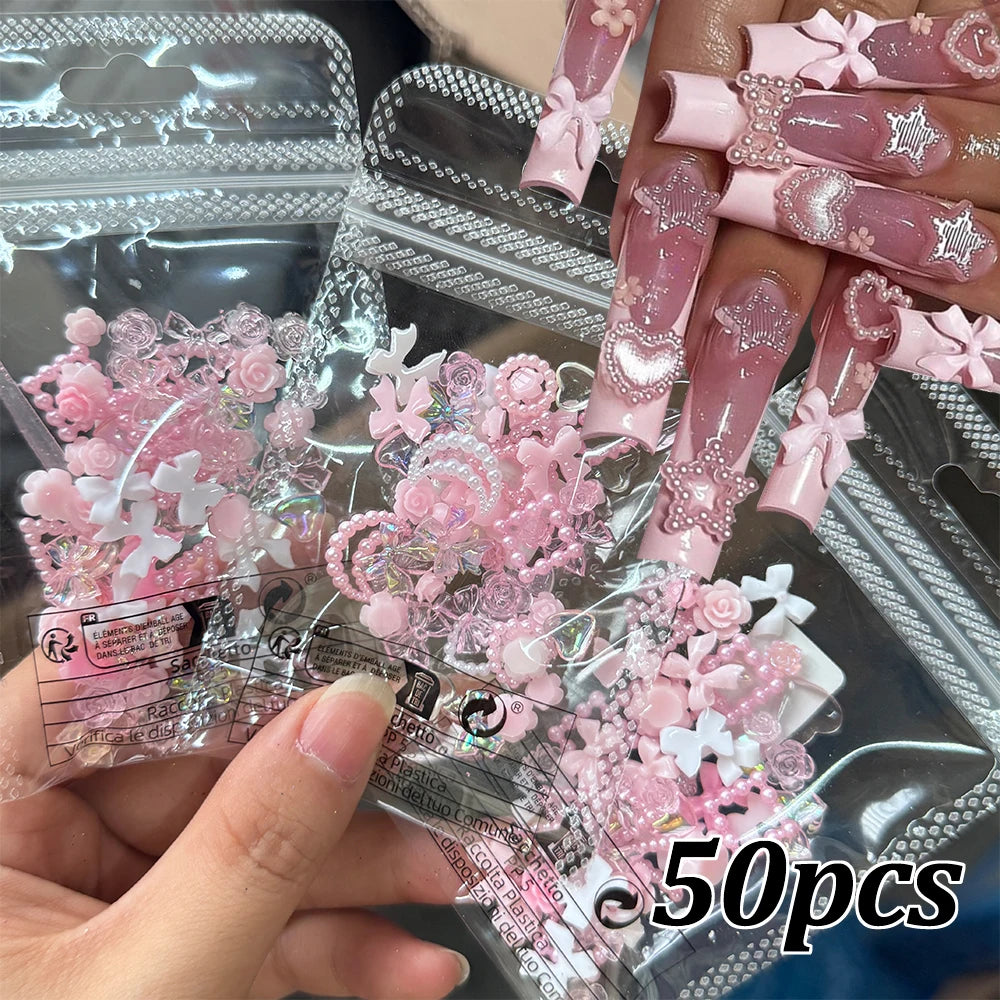 50/100pcs Pink White Bow Pearl Mixed Nail Charms 3D Kawaii Resin Heart Moon Bowknot Flower Nail Deco DIY Crafts Jewelry Accessor