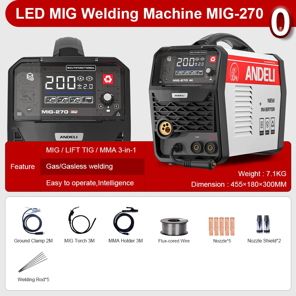 ANDELI MIG-270 Semi-automatic Welding Machine 3 in 1 MIG/Lift TIG/Stick Inverter MIG Welder Gas/Gasless Welding for Household - Daisan Mart