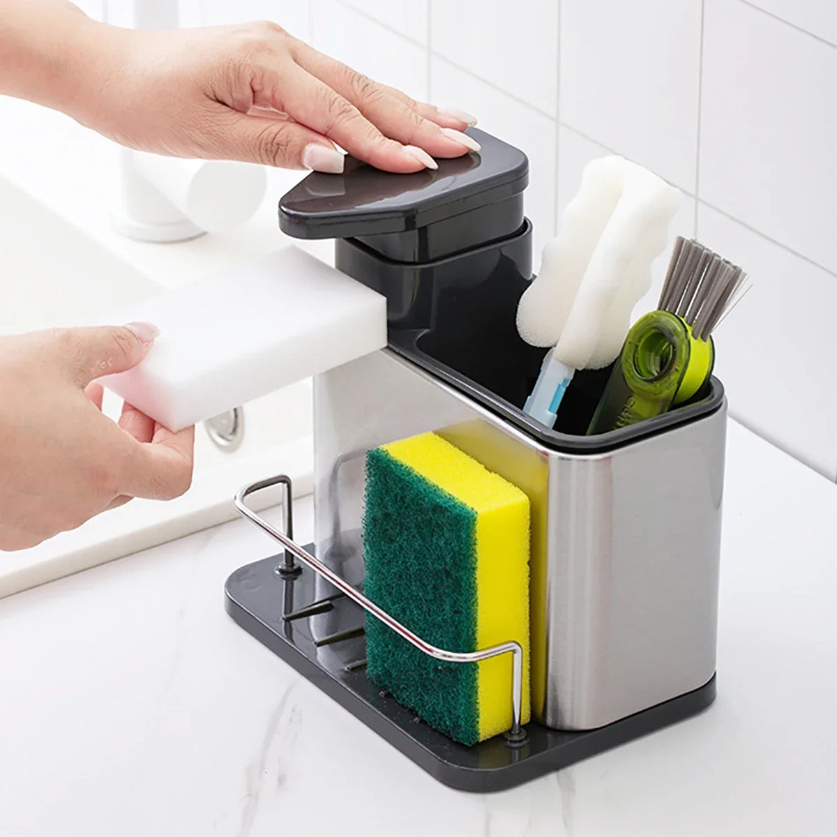3-in-1 Stainless Steel Dishwashing Liquid Rack, Compact and Convenient for the Kitchen