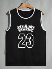 Áo ba lỗ đen, viền trắng, chữ "MIAMI" và số "23" màu trắng ở mặt trước.