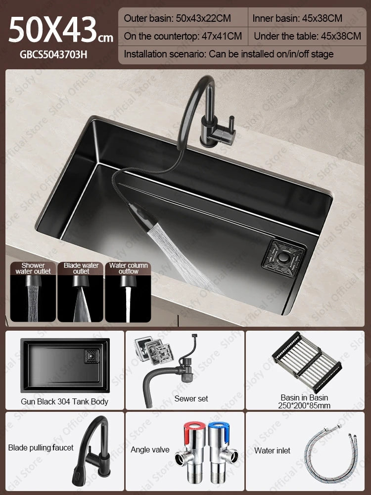 304 Stainless Steel Kitchen Sink Black Single Bowl Thickened Material Wear-Resistant Vegetable Workstation Drainage Accessories - Daisan Mart