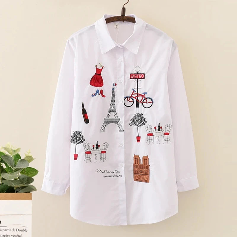 Áo Sơ Mi Thêu Cotton Tay Dài Nữ Công Sở Thu 5083